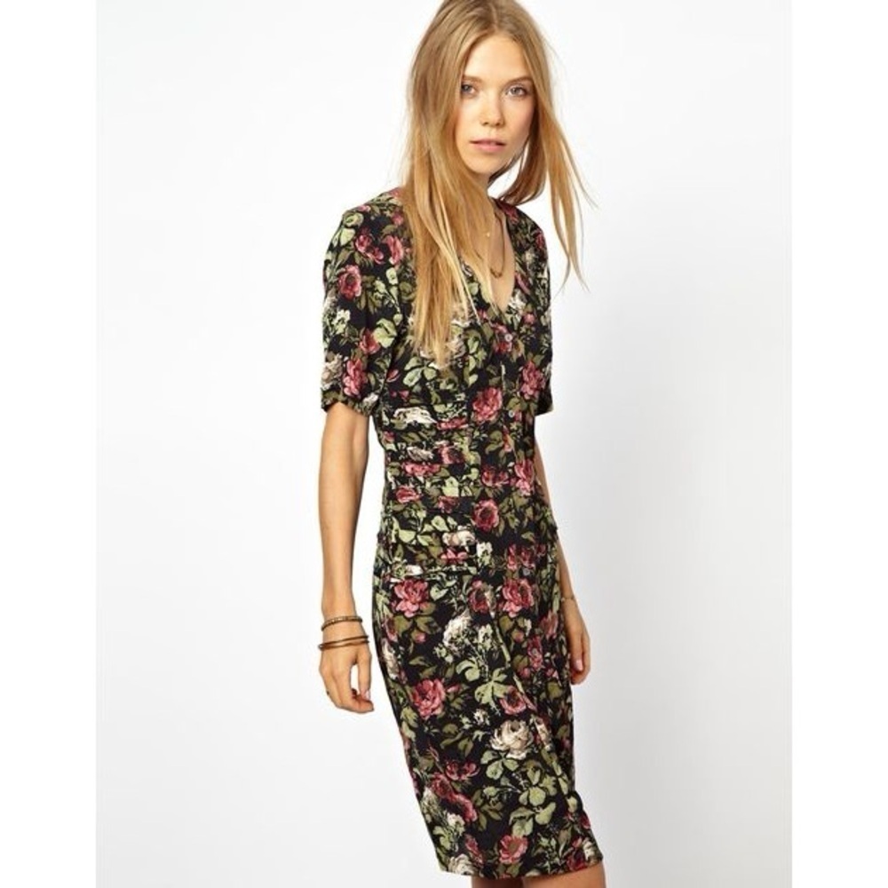 Ganni Black Floral Midi Dress with Pink & Green Accents